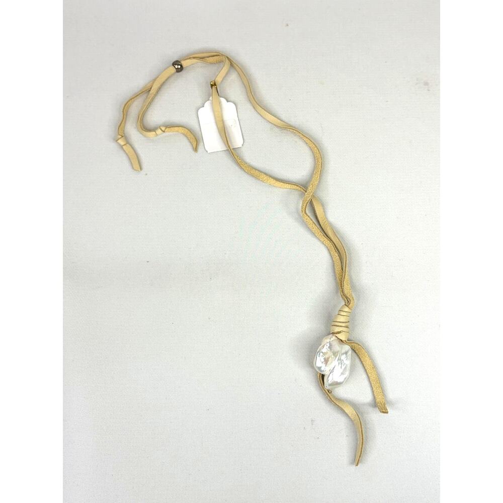 Leslie Curtis Leather Large Faux Pearl Necklace Drawstring Slider Cream